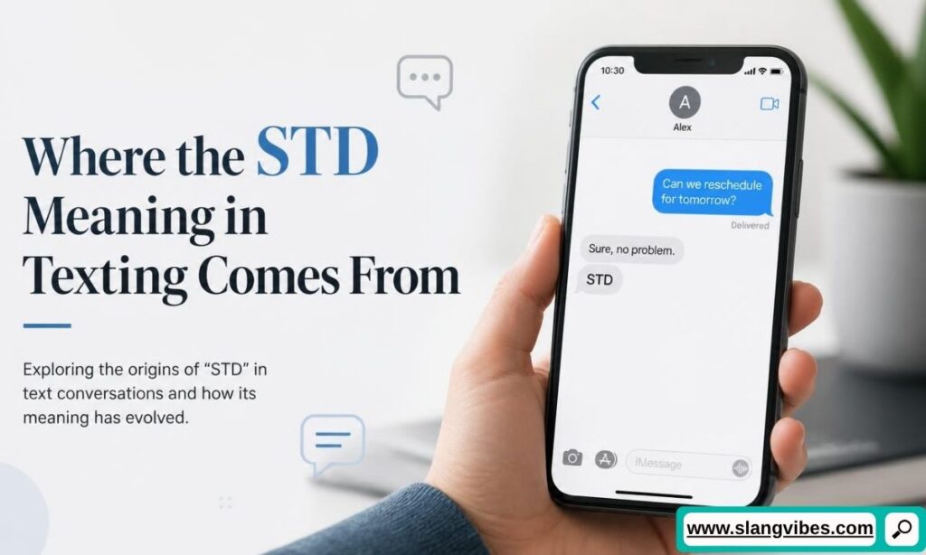 Hand holding a smartphone showing a text conversation ending with STD next to text about its origins.   