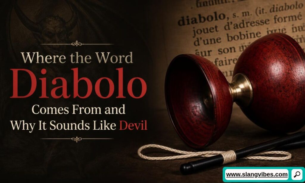 Wooden diabolo props and string on a desk next to dictionary text defining the word diabolo.