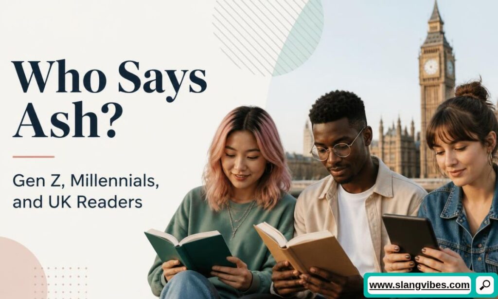 Three young adults reading books outdoors in London with Big Ben in the background beside Who Says Ash text.