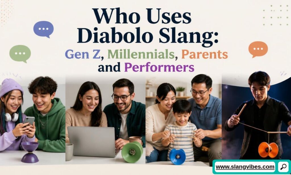 Four-panel graphic showcasing Gen Z, Millennials, parents, and stage performers using diabolo toys and slang terms.