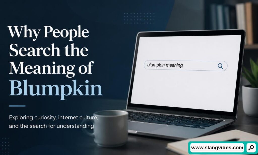 Laptop showing a search engine bar with the query blumpkin meaning next to text explaining why people search for it.