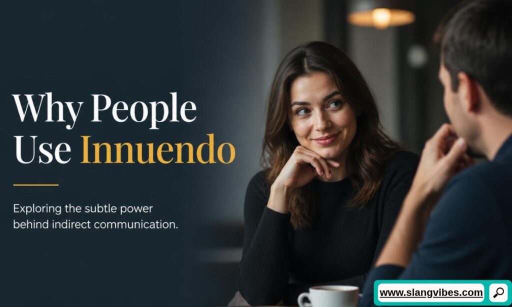Woman smiling while listening to a man across a table next to text about why people use innuendo.   