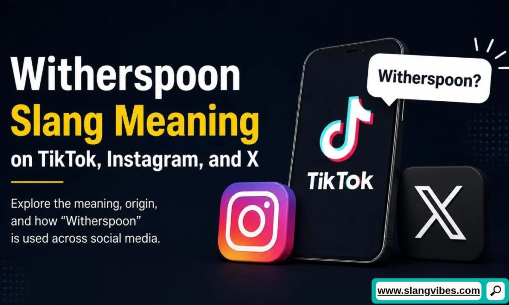 Smartphone displaying a TikTok speech bubble asking Witherspoon next to 3D Instagram and X app icons.