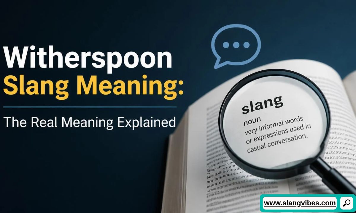Magnifying glass over open dictionary focusing on slang definition next to text explaining Witherspoon Slang Meaning.