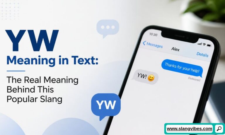 Smartphone displaying a message exchange with YW! and a smiling emoji next to text about YW meaning in text.
